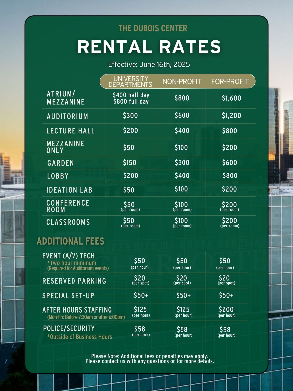 The Dubois Center rental rates